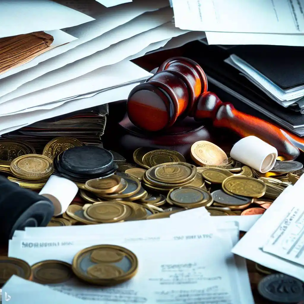 Uma imagem de uma pilha de documentos, selos e carimbos, talvez com uma calculadora e moedas, simbolizando a complexidade e os desafios fiscais e burocráticos associados à gestão de uma holding.