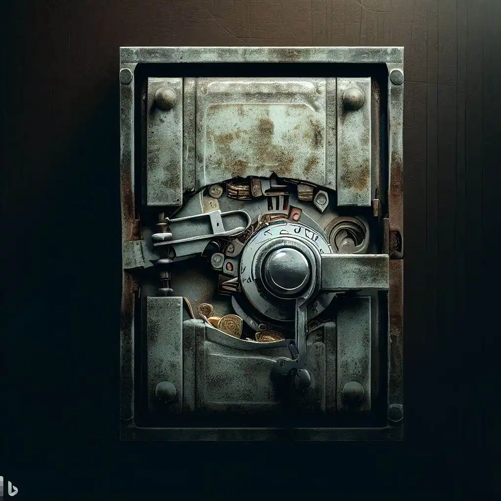 Uma imagem de um cofre com uma fechadura quebrada ou aberta, simbolizando a vulnerabilidade do patrimônio mesmo dentro de uma holding.