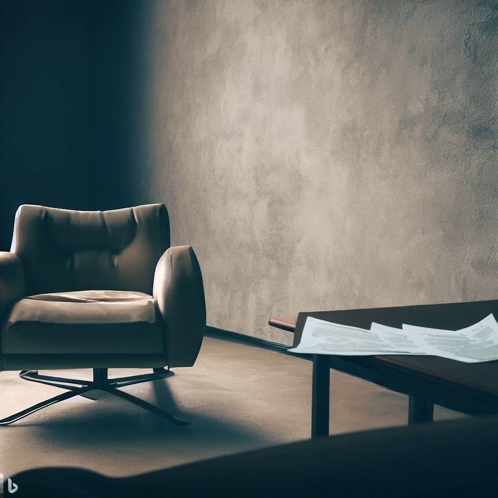 Uma imagem de uma cadeira vazia em um cenário que lembre uma sala de terapia, com um contrato ou documento de holding ao lado, representando a necessidade de tratar questões emocionais separadamente da gestão da holding.